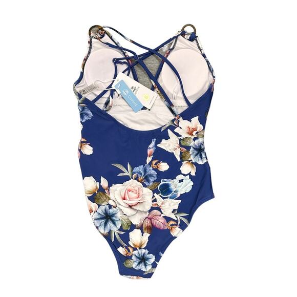 CUPSHE Blue Floral One Piece V-Neck Swimsuit Back Straps NEW! SZS - Picture 4 of 7